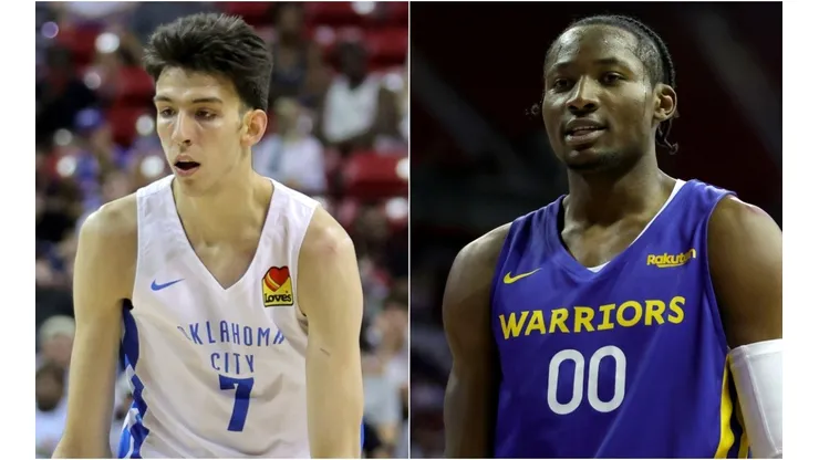 Chet Holmgren of the Oklahoma City Thunder and Jonathan Kuminga of the Golden State Warriors