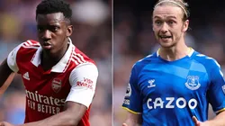 Eddie Nketiah of Arsenal and Tom Davies of Everton