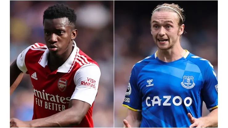 Eddie Nketiah of Arsenal and Tom Davies of Everton
