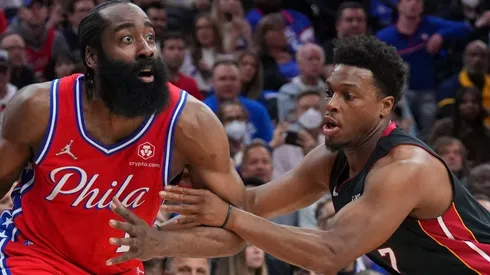 James Harden of the Philadelphia 76ers and Kyle Lowry of the Miami Heat