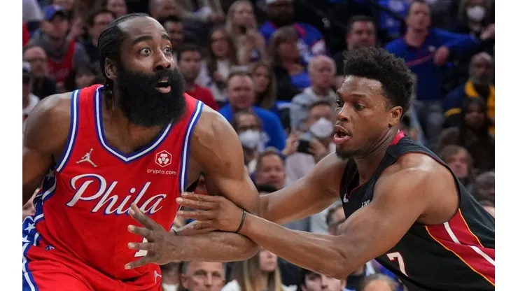 James Harden of the Philadelphia 76ers and Kyle Lowry of the Miami Heat