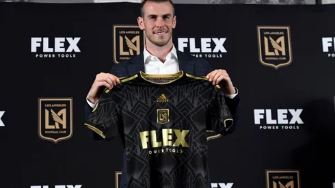 Forward Gareth Bale holds the Los Angeles Football Club jersey during a news conference after he was introduced at Banc of California Stadium on July 11, 2022 in Los Angeles, California. (Photo by Kevork Djansezian/Getty Images)-Not Released (NR)