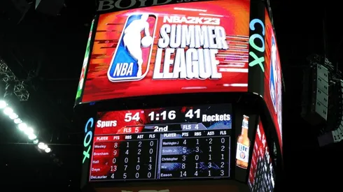 A scoreboard shows an NBA Summer League logo during a game