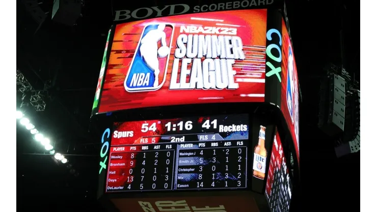 A scoreboard shows an NBA Summer League logo during a game