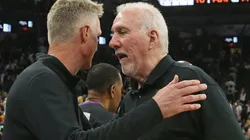 Head coach of the Golden State Warriors Steve Kerr greets San Antonio head coach Gregg Popvich
