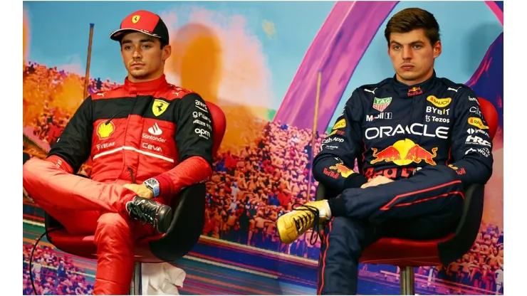 Sprint winner Max Verstappen and second placed Charles Leclerc