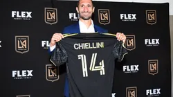 Giorgio Chiellini poses with his jersey after he was introduced by Los Angeles Football Club during a news conference at Banc of California Stadium on June 29, 2022 in Los Angeles, California.