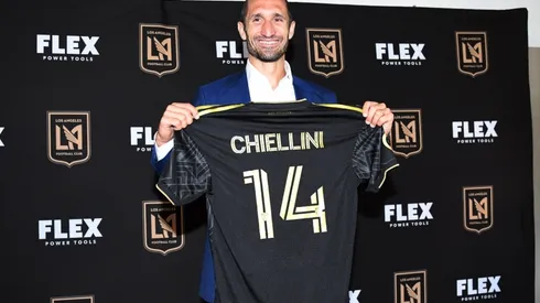 Giorgio Chiellini poses with his jersey after he was introduced by Los Angeles Football Club during a news conference at Banc of California Stadium on June 29, 2022 in Los Angeles, California.