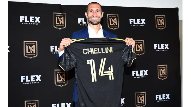 Giorgio Chiellini poses with his jersey after he was introduced by Los Angeles Football Club during a news conference at Banc of California Stadium on June 29, 2022 in Los Angeles, California.