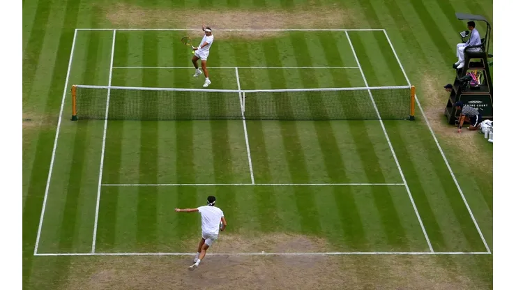 Rafael Nadal facing Taylor Fritz during Day 10 of Wimbledon 2022.
