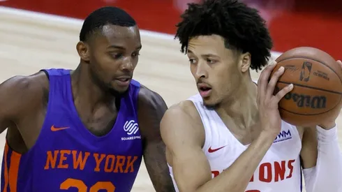 Cade Cunningham of the Detroit Pistons and Aamir Simms of the New York Knicks during the 2021 NBA Summer League