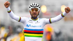 Alejandro Valverde crossing the finish line during the 2018 Tour de France Saitama Criterium.