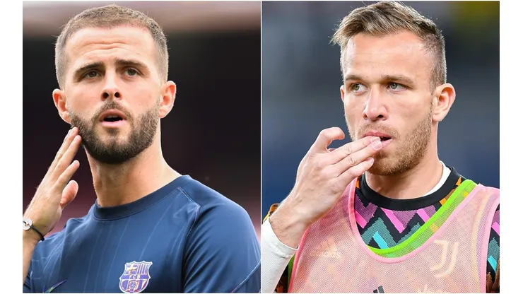 Miralem Pjanic of Barcelona and Arthur Melo of Juventus