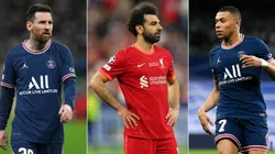 Lionel Messi (left), Mohamed Salah (c) and Kylian Mbappe.