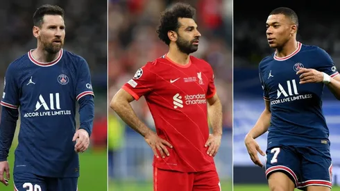 Lionel Messi (left), Mohamed Salah (c) and Kylian Mbappe.
