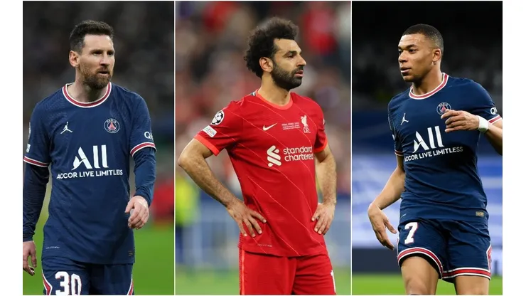 Lionel Messi (left), Mohamed Salah (c) and Kylian Mbappe.