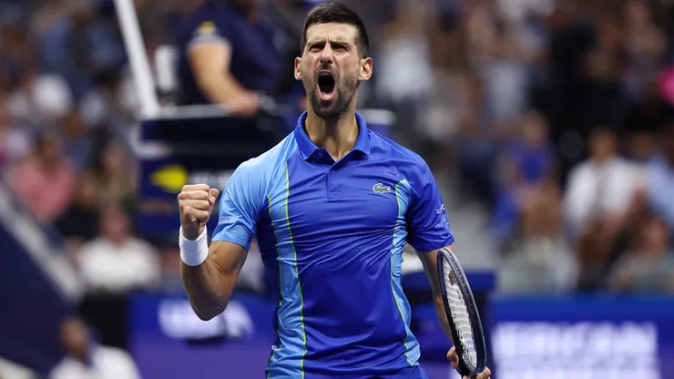Novak Djokovic of Serbia celebrates after a point against Daniil Medvedev