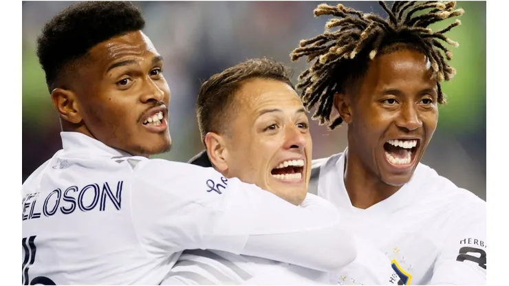 Javier Hernandez of Los Angeles FC celebrates his goal with Rayan Raveloson and Kevin Cabral