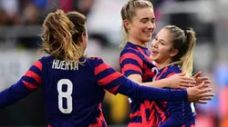The USWNT celebrates after scoring