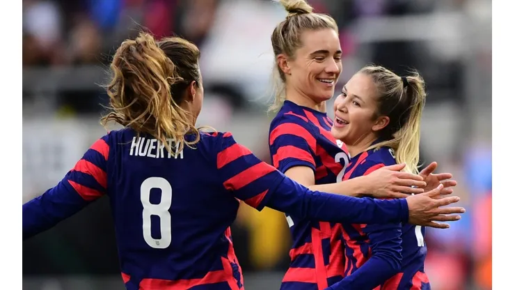 The USWNT celebrates after scoring
