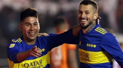 Guillermo Fernandez of Boca Juniors celebrates with teammate Dario Benedetto