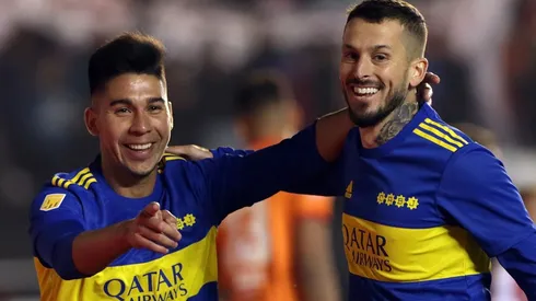 Guillermo Fernandez of Boca Juniors celebrates with teammate Dario Benedetto