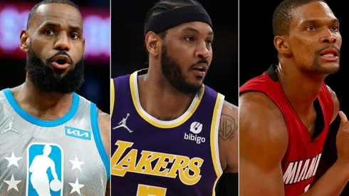 LeBron James and Carmelo Anthony of the Los Angeles Lakers and Chris Bosh as a Miami Heat player