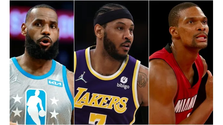 LeBron James and Carmelo Anthony of the Los Angeles Lakers and Chris Bosh as a Miami Heat player