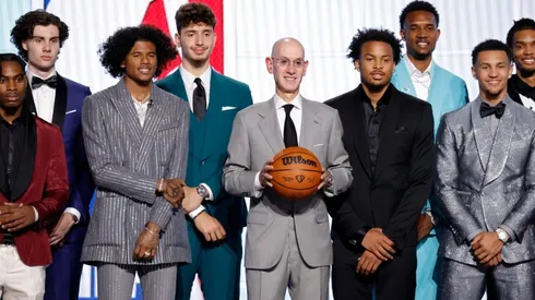 NBA commissioner Adam Silver (C) with the 2021 NBA Draft class