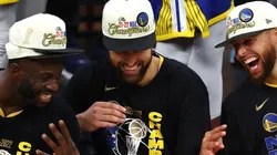 Draymond Green, Klay Thompson and Stephen Curry of the Golden State Warriors