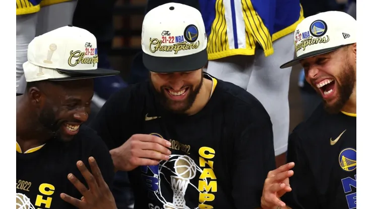 Draymond Green, Klay Thompson and Stephen Curry of the Golden State Warriors
