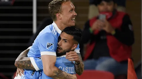 Valentín Castellanos and Gudmundur Thórarinsson celebrates after scoring against D.C. United.