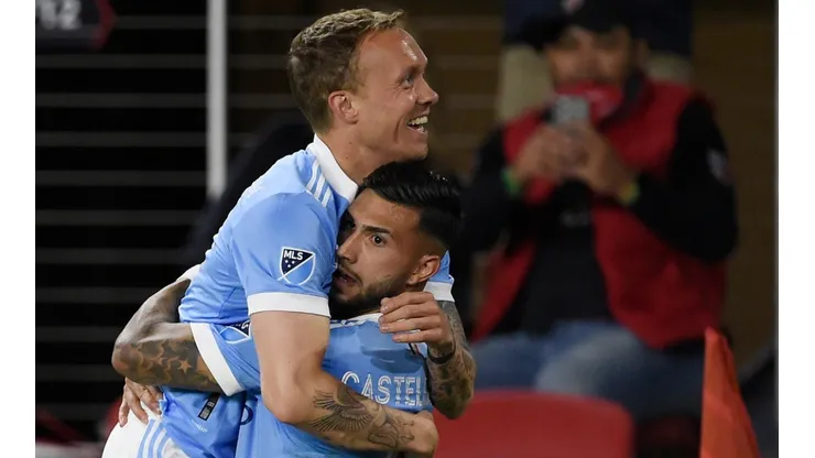 Valentín Castellanos and Gudmundur Thórarinsson celebrates after scoring against D.C. United.