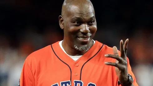 Hakeem Olajuwon with a Houston Astros jersey, he played most of his basketball career for the Rockets