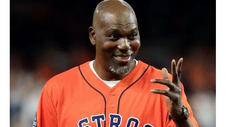 Hakeem Olajuwon with a Houston Astros jersey, he played most of his basketball career for the Rockets