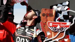 Daniel Suarez celebrates after winning the Toyota/Save Mart 350