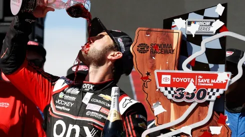 Daniel Suarez celebrates after winning the Toyota/Save Mart 350