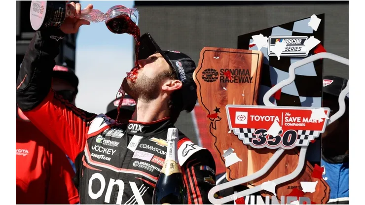 Daniel Suarez celebrates after winning the Toyota/Save Mart 350