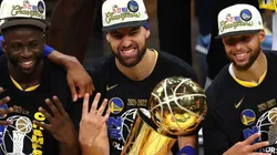 Draymond Green, Klay Thompson and Stephen Curry of the Golden State Warriors