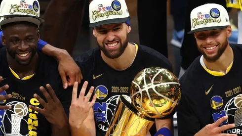 Draymond Green, Klay Thompson and Stephen Curry of the Golden State Warriors