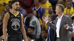 Klay Thompson #11 and Head coach Steve Kerr of the Golden State Warriors