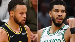 Stephen Curry of the Golden State Warriors and Jayson Tatum of the Boston Celtics