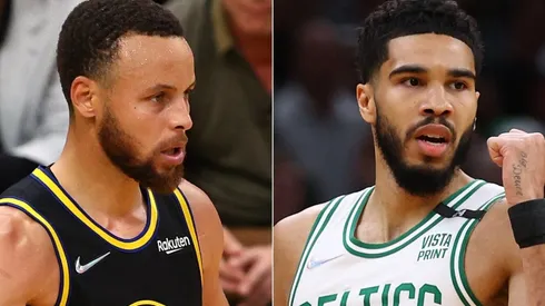 Stephen Curry of the Golden State Warriors and Jayson Tatum of the Boston Celtics
