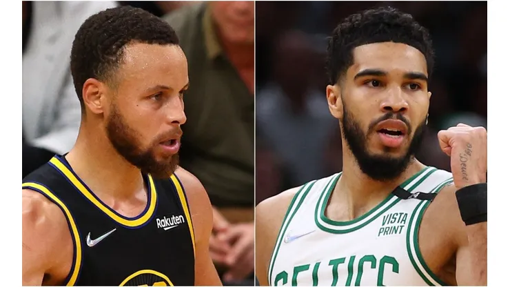 Stephen Curry of the Golden State Warriors and Jayson Tatum of the Boston Celtics