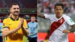 Bailey Wright of Australia (L) Gianluca Lapadula of Peru (R)