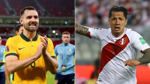 Bailey Wright of Australia (L) Gianluca Lapadula of Peru (R)