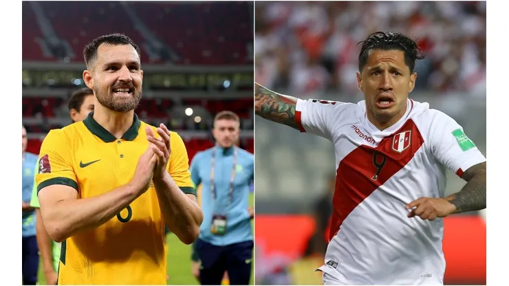 Bailey Wright of Australia (L) Gianluca Lapadula of Peru (R)