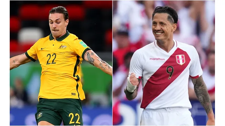 Jackson Irvine of Australia and Gianluca Lapadula of Peru