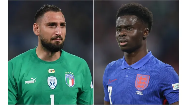 Gianluigi Donnarumma of Italy and Bukayo Saka of England