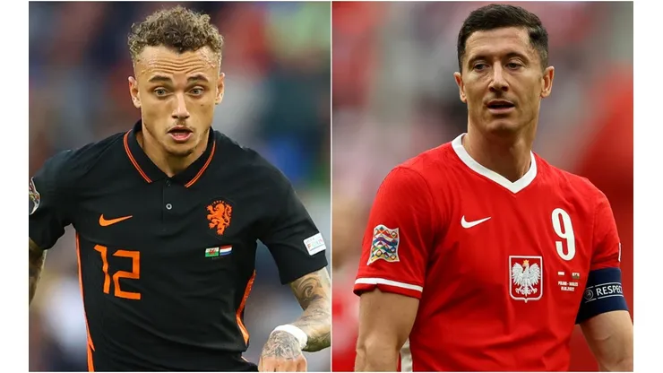 Noa Lang of the Netherlands and Robert Lewandowski of Poland